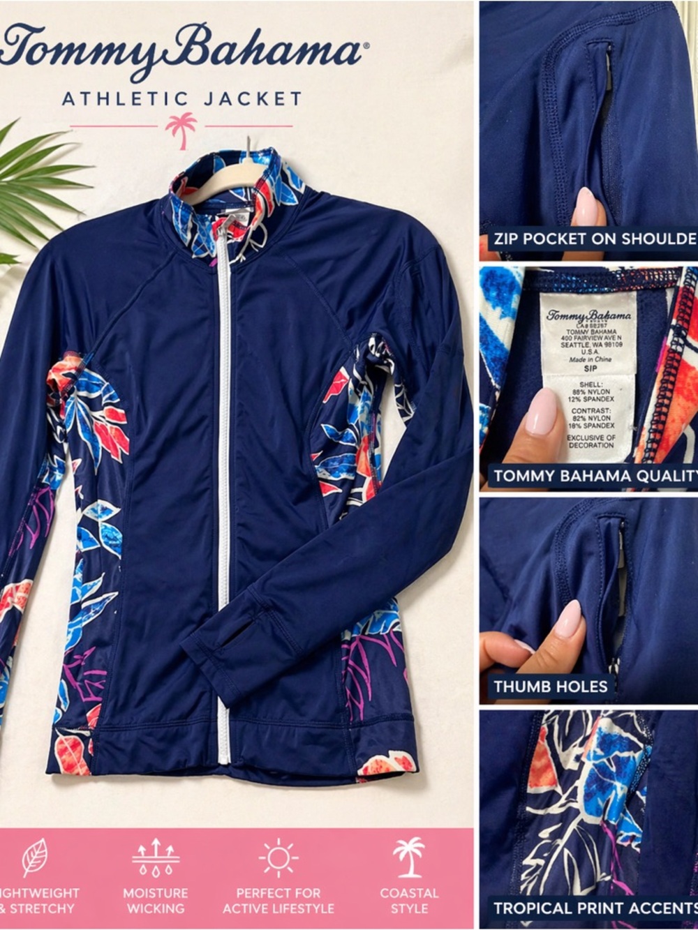 Tommy Bahama Zip Athletic Jacket w/ Thumb Holes & Pocket